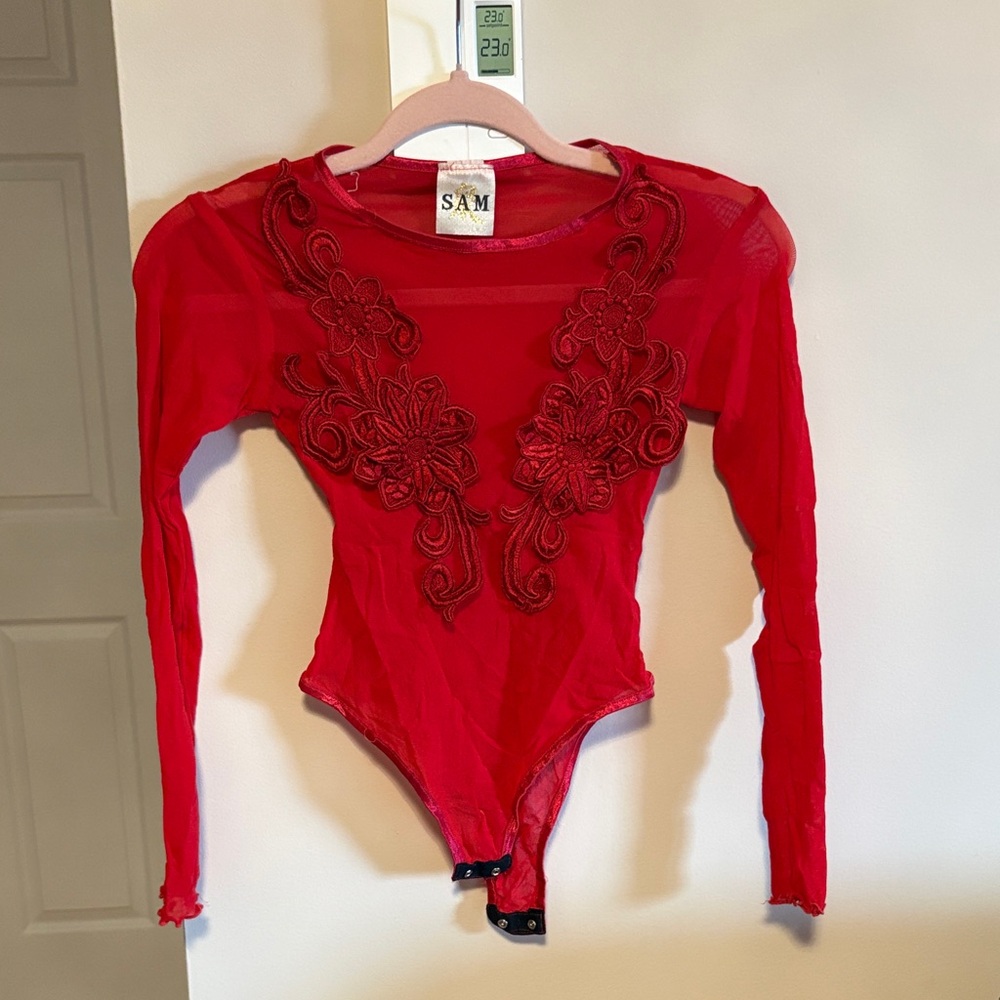 SAM. Vibrant Red Bodysuit with Floral Embroidery